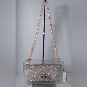 Elegant Clear/Gold Crystal-Embellished Removable Pouch  Bag